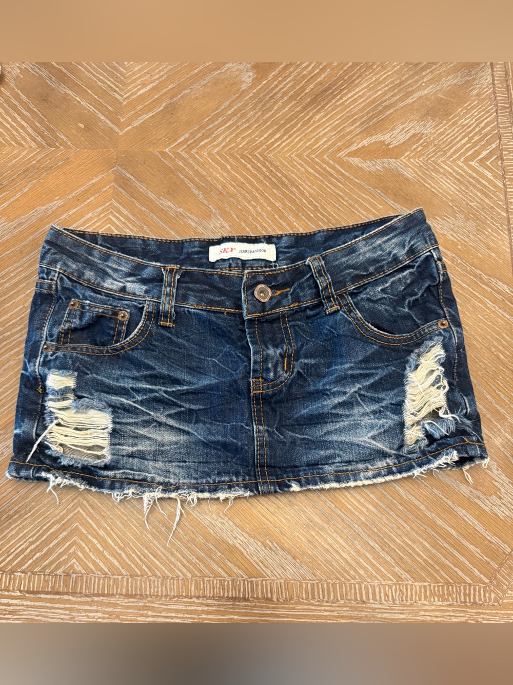 Sky Dark Blue Distressed Denim Mini Skirt